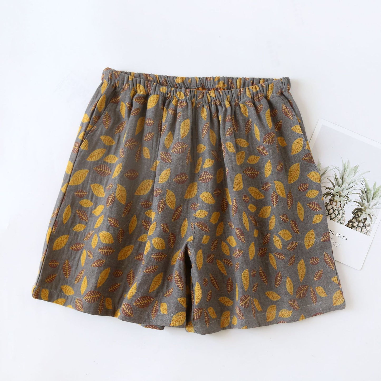 Cotton Gauze Floral Leaf Pajama Shorts