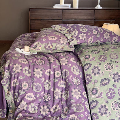 Cotton Gauze Button Floral Style Bedding Set(4PCS)