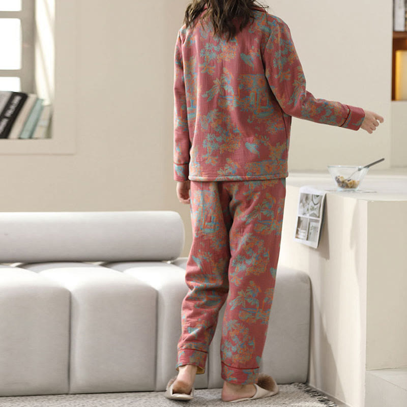 Flower Print Cotton Double-layer Loungewear Set