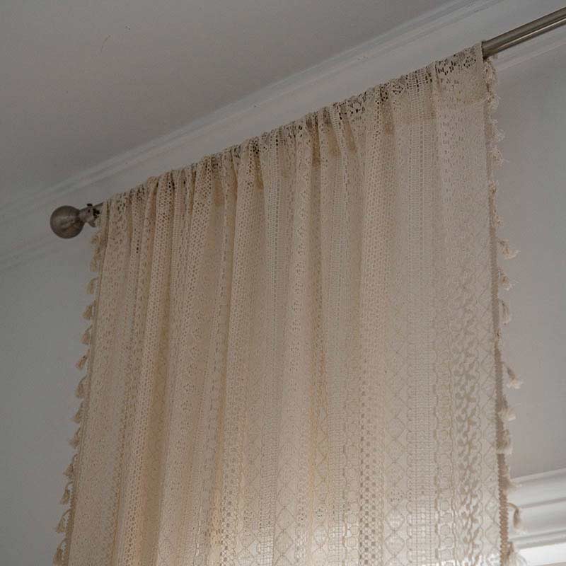 Cotton Beige Curtain Hollow-Out Tassel Drapes