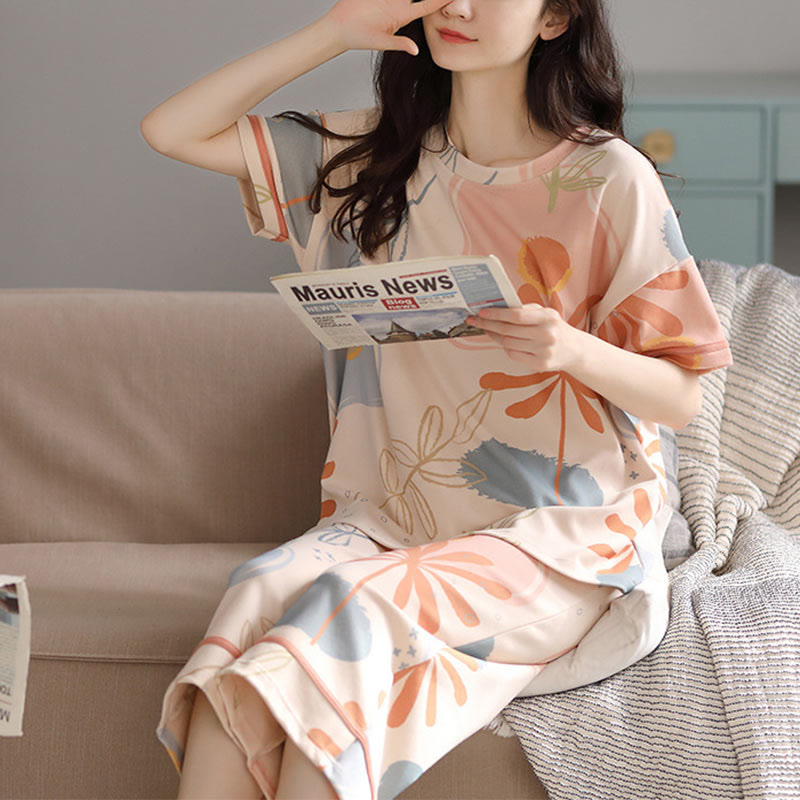 Flower Leaf Print Cotton Loungewear Set