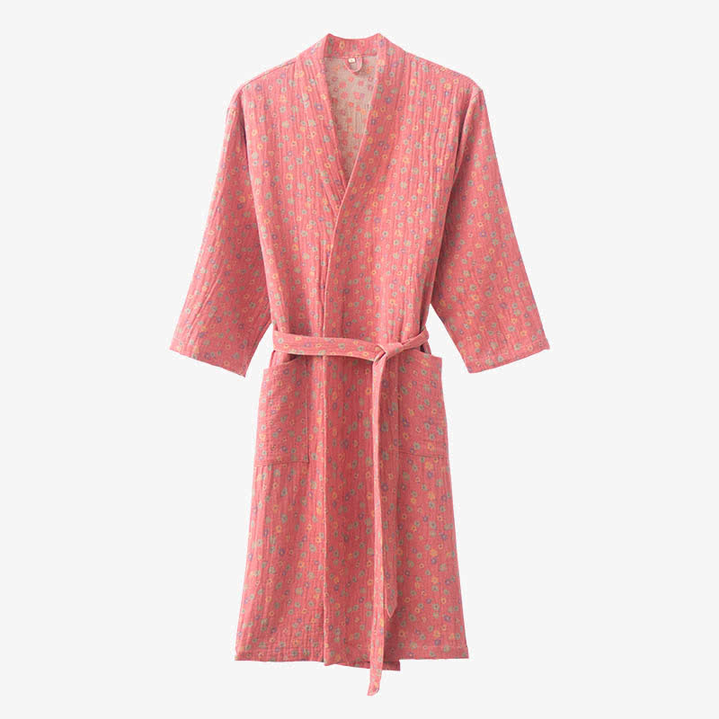 Double Layers Gauze Floral Lightweight Bathrobe