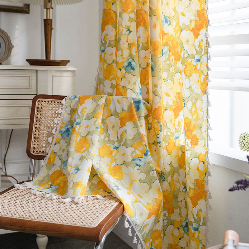 Yellow Flower Cotton Linen Curtain