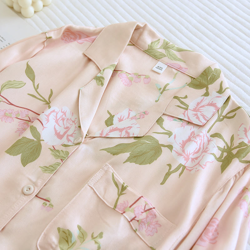 Floral Satin Cotton Lapel Pajama Set