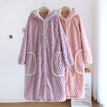 Solid Color Warm Flannel Hooded Bathrobe