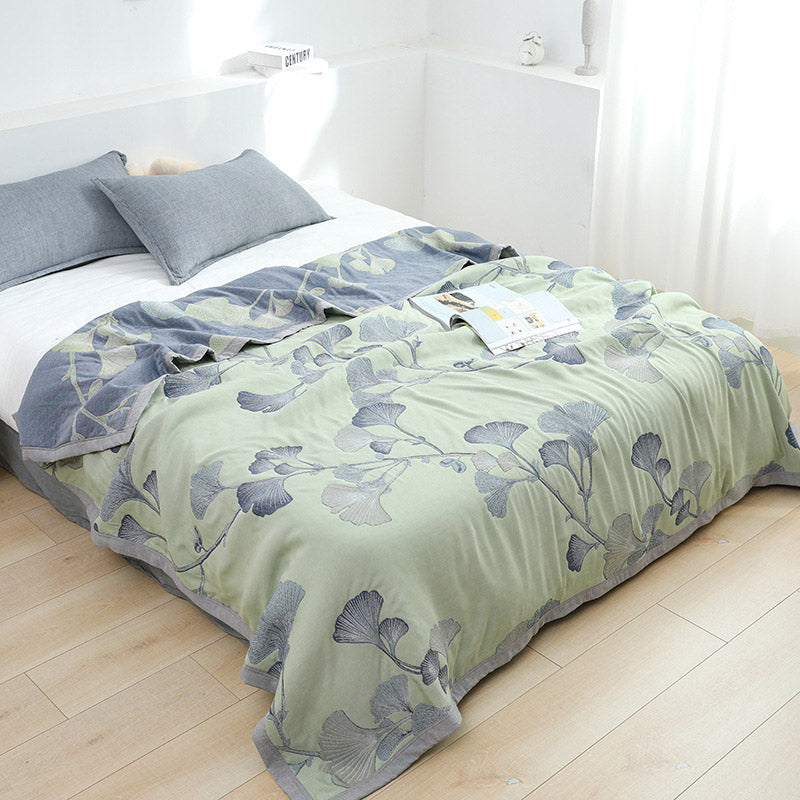 Ginkgo Leaf Cotton Gauze Reversible Quilt - Green - King - image 0