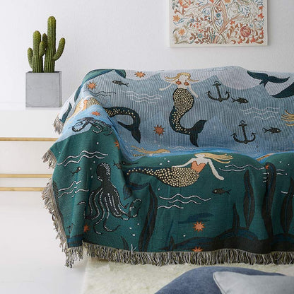 Ownkoti Mermaid Sofa Cover Palm Tassel Blanket