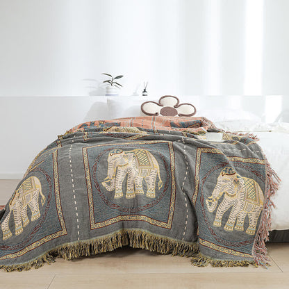 Bohemian Elephant Cotton Gauze Tassel Quilt