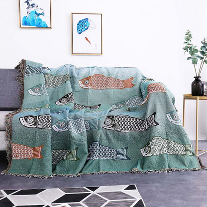 Koi Print Tassel Reversible Blanket