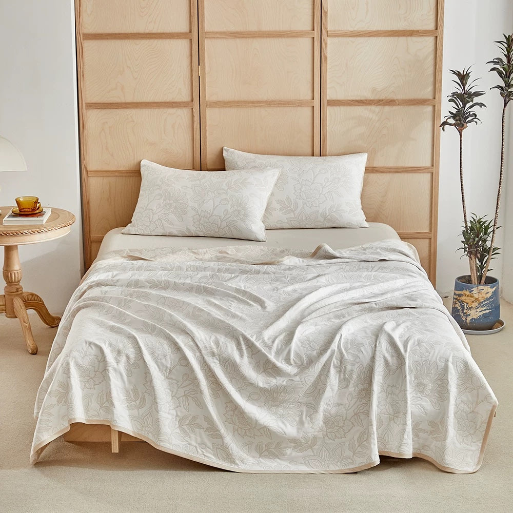 Elegant Cotton Peony Jacquard Bedding Set - Beige - Quilt with 2pcs pillowcases - King - image 0