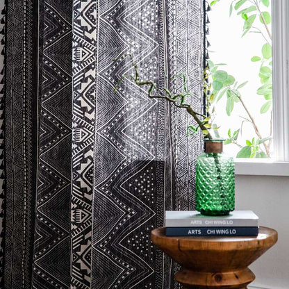 Ownkoti Bohemian Black Geometric Cotton Tassels Curtains