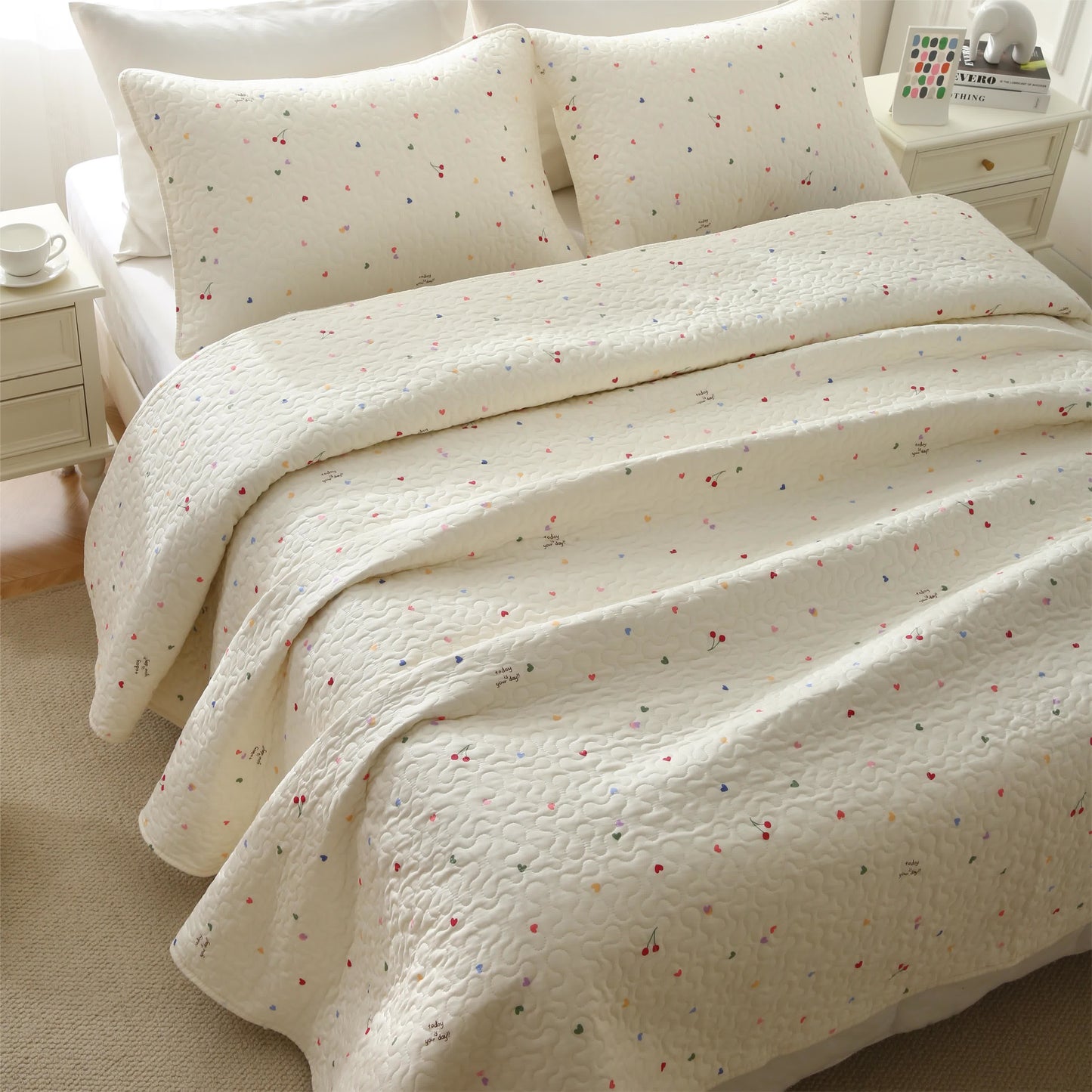 Colorful Heart & Cherry Cotton Quilted Bedding