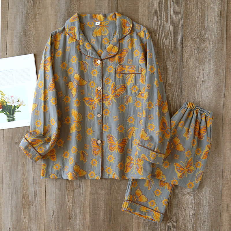Vintage Butterfly Print Cotton Loungewear Set - Grey - XL - image 7