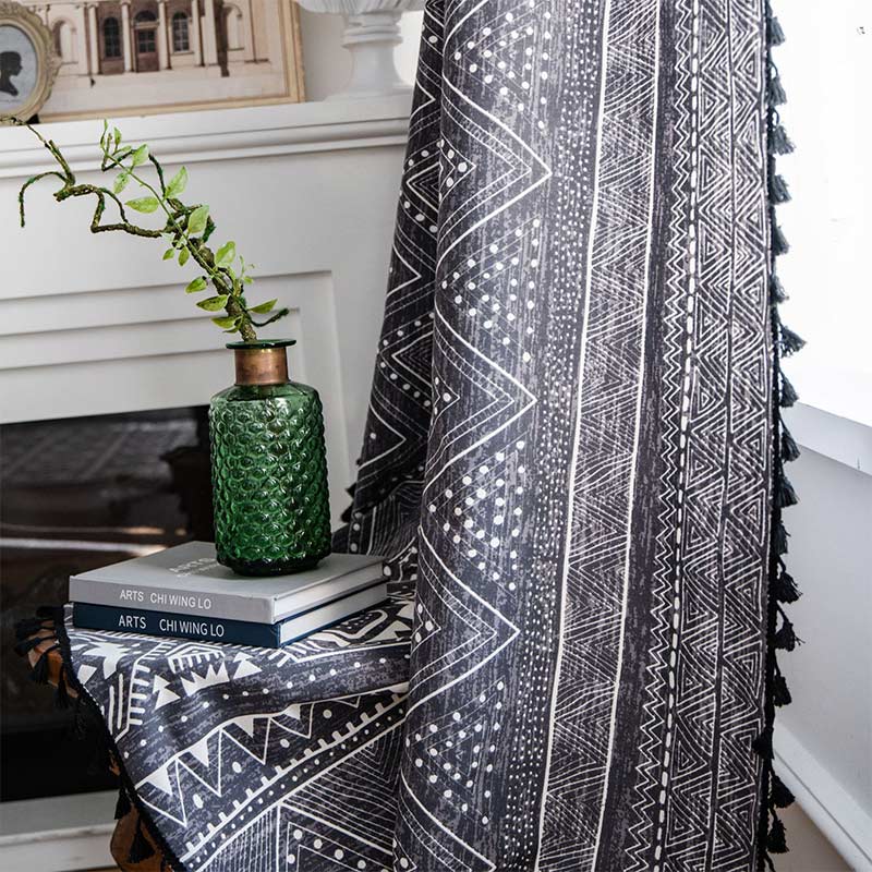 Ownkoti Bohemian Black Geometric Cotton Tassels Curtains