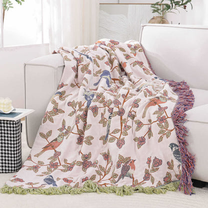 Cotton Gauze Floral & Bird Tassel Quilt