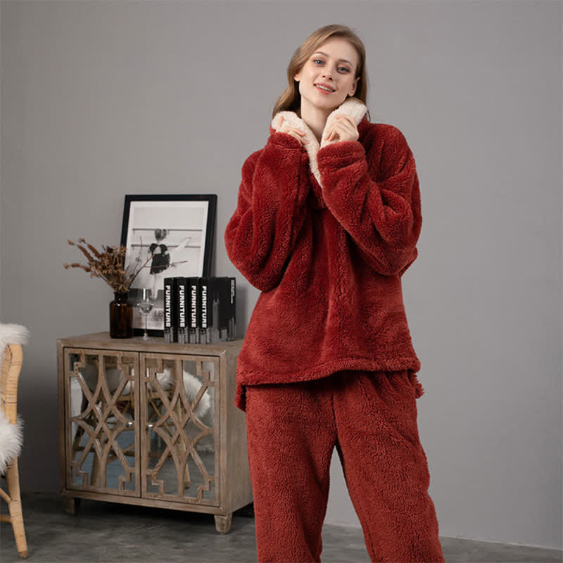 Ownkoti Simple V-Neck Warm Winter Loungewear Set