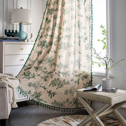 Green Pine Bird Pattern Tassel Curtain