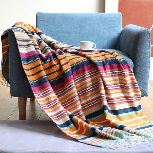 Colorful Striped Soft Tassel Rainbow Blanket