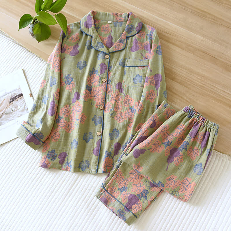 Gourd Jacquard Cotton Loungewear Set - Green - XL - image 3