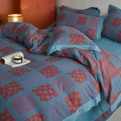 Retro Square Print Cotton Gauze Bedding Set(4PCS)