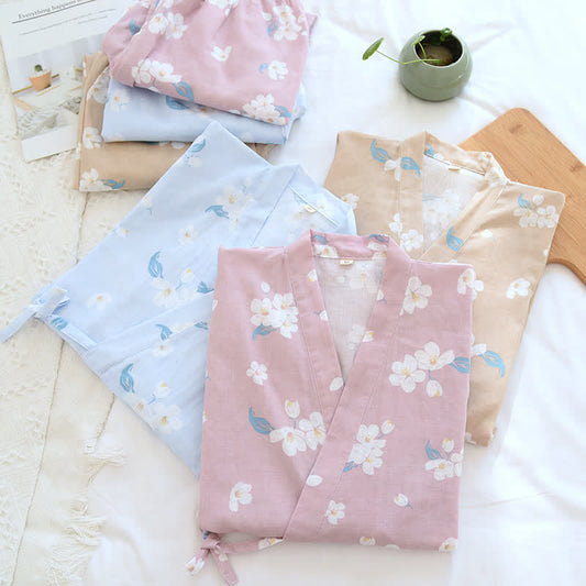 Cotton Gauze V-neck Floral Pajama Set