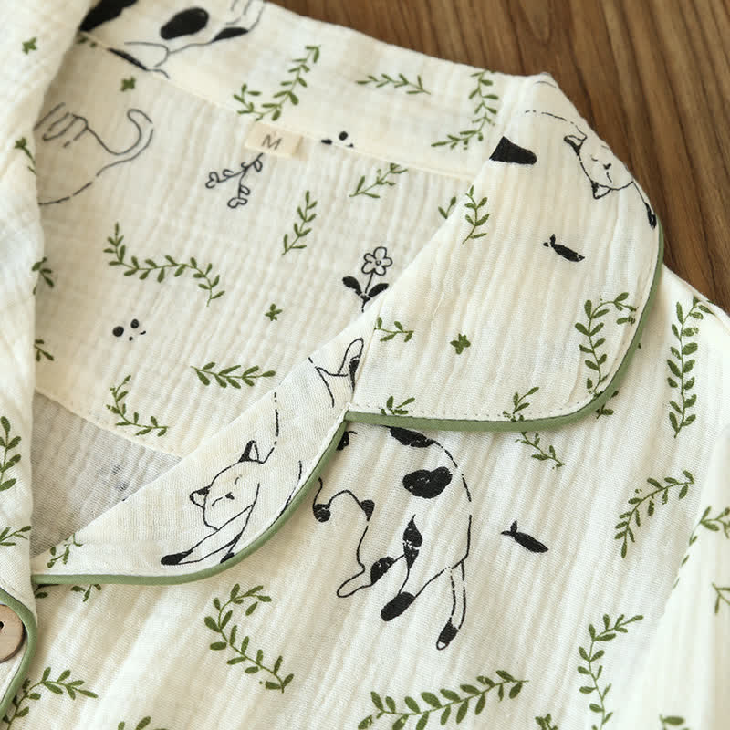 Cute Cat & Leaf Cotton Pajama Set