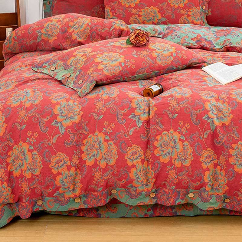 Flower Print Red Cotton Bedding Sets(4PCS)