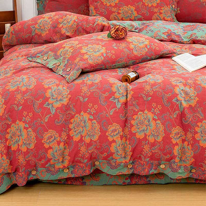 Flower Print Red Cotton Bedding Sets(4PCS)