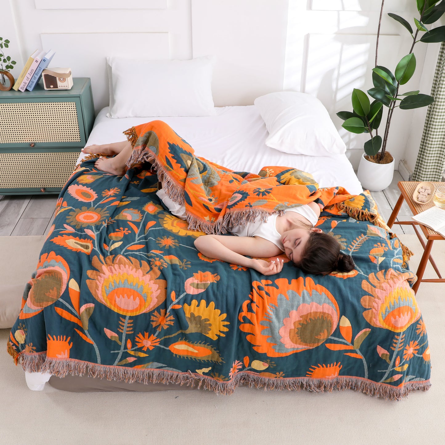 Cotton Gauze Tassel Floral Breathable Quilt