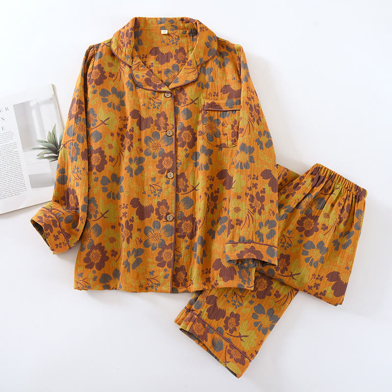 Flower Yellow Button Cotton Loungewear Set