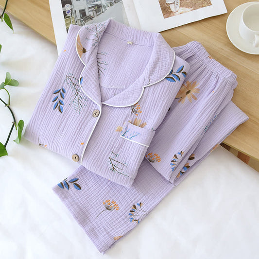 Flower & Leaf Cotton Gauze Pajama Set