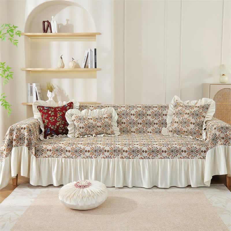 Jacquard Plum Blossom Ruffled Sofa Cover