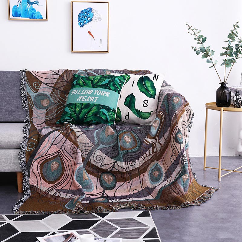 Ownkoti Peacock Print Tassel Reversible Blanket