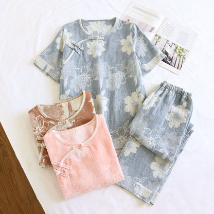 Short Sleeve Cotton Gauze Floral Loungewear Set