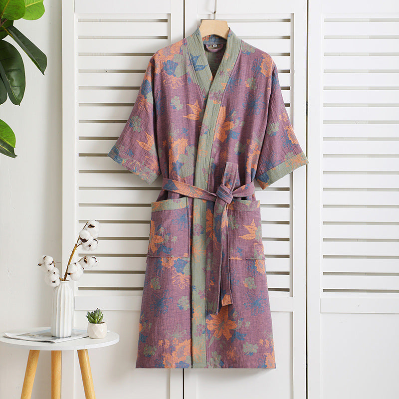 Floral Cotton Gauze Short Sleeve V-neck Robe