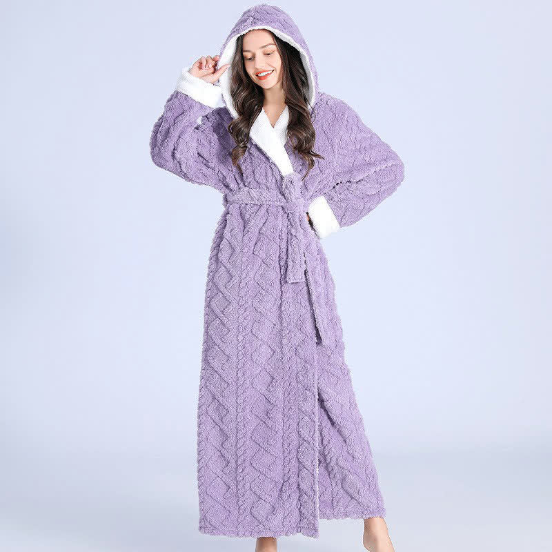 Ownkoti Jacquard Hoodie Long Bathrobe with Belt