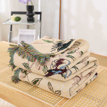 Cotton Gauze Pastoral Bird & Flower Tassel Quilt