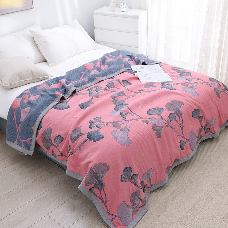 Ginkgo Leaf Cotton Gauze Reversible Quilt - Pink - Queen - image 14