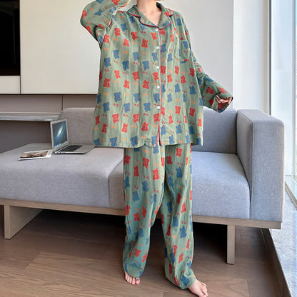 Plus Size Bear Cotton Lapel Loungewear Set