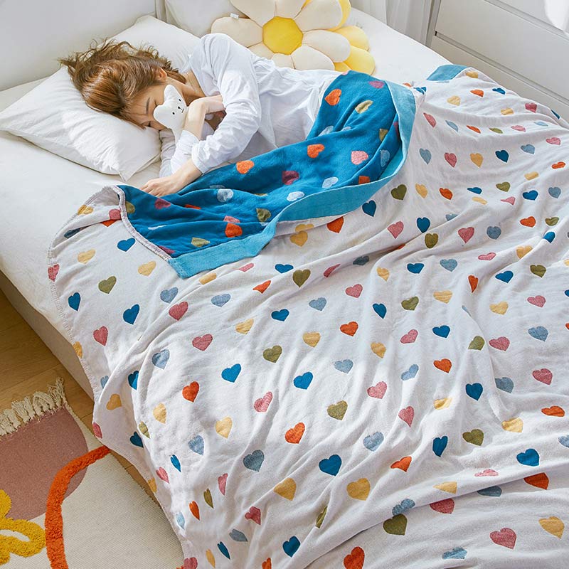 Colorful Hearts Cotton Gauze Reversible Quilt