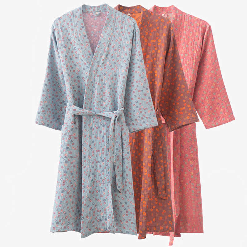 Double Layers Gauze Floral Lightweight Bathrobe