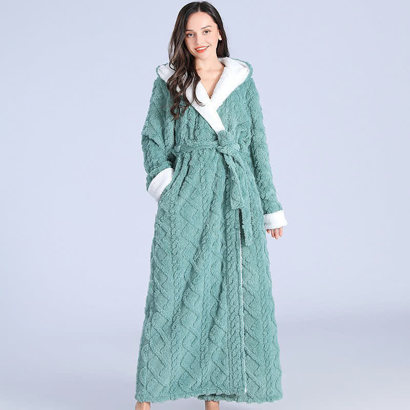 Ownkoti Jacquard Hoodie Long Bathrobe with Belt