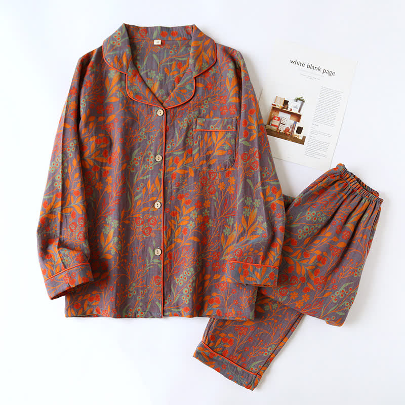 Vintage Leaf Cotton Lapel Loungewear Set - Gray & Orange - 2XL - image 2