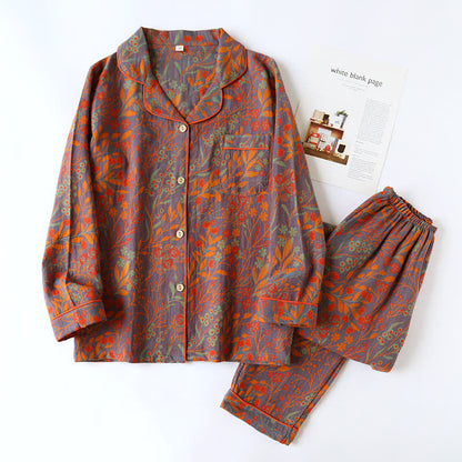 Vintage Leaf Cotton Lapel Loungewear Set - Gray & Orange - 2XL - image 2