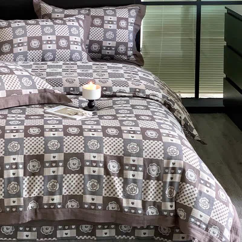 Pure Cotton Checkerboard & Floral Bedding Set (4PCS)