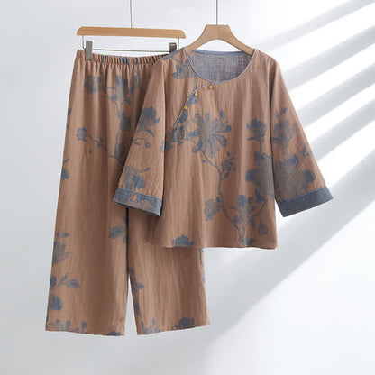 Floral Comfy Cotton Round-neck Loungewear Set