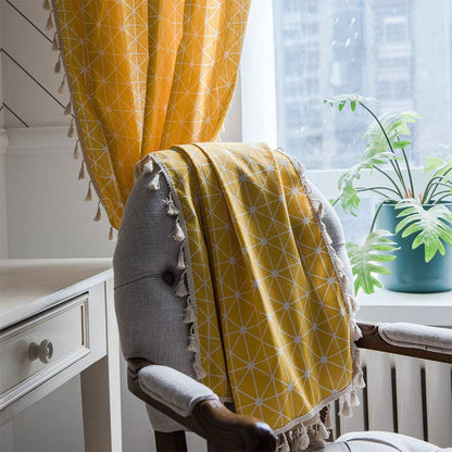 Ownkoti Yellow Plaid Translucent Curtains with Tassels