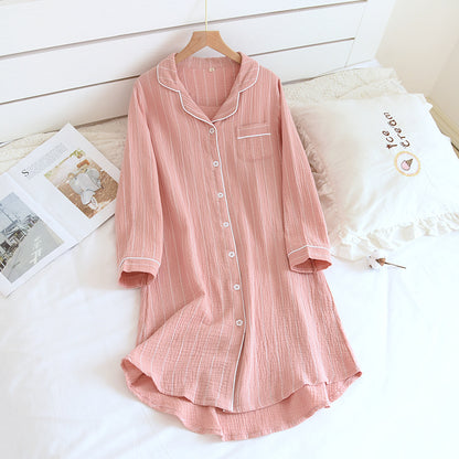 Solid Color Striped Lapel Nightdress