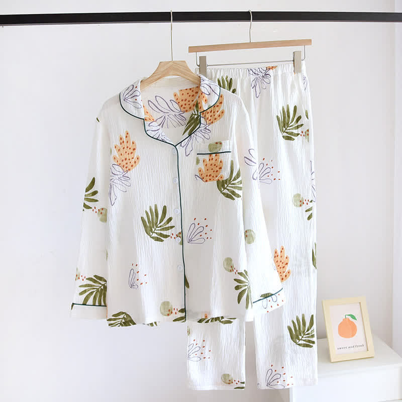 Leaf Print Pure Cotton Long Sleeves Pajama Set