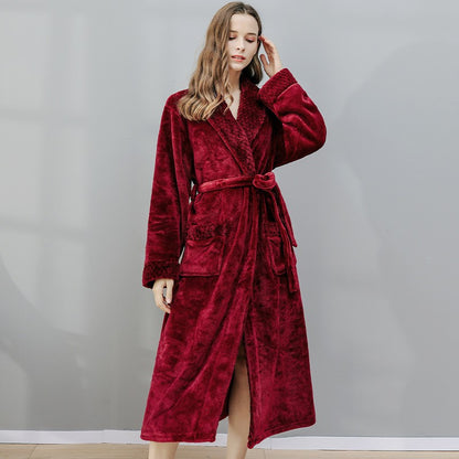 Solid Color Warm Flannel Long Bathrobe